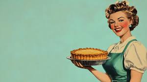 Baker proudly holding a fresh-baked pie